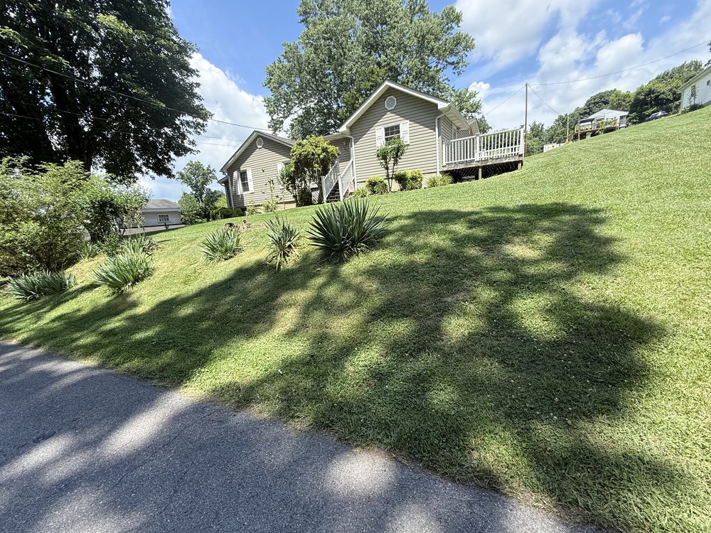 Freshly mowed hillside lawn under a blue sky - Magnolia Gardens Landscaping, Kingsport TN